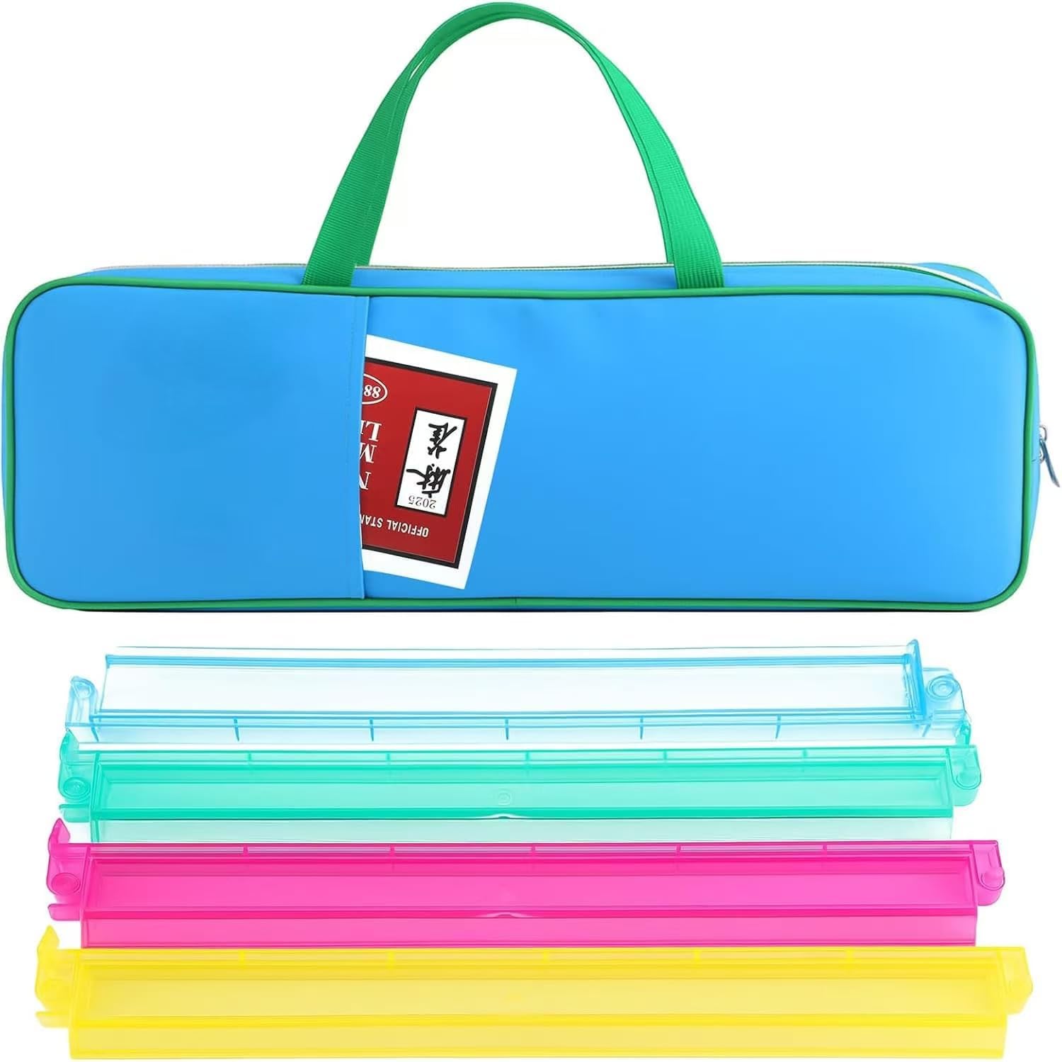 (4PCS) Mahjong Rack, +Multi-Functional Storage Bag+A Set of Scoring Card Rules,21 x 6.5 x 2 Inch, Fits 8 Racks (Blue and Pink Set)