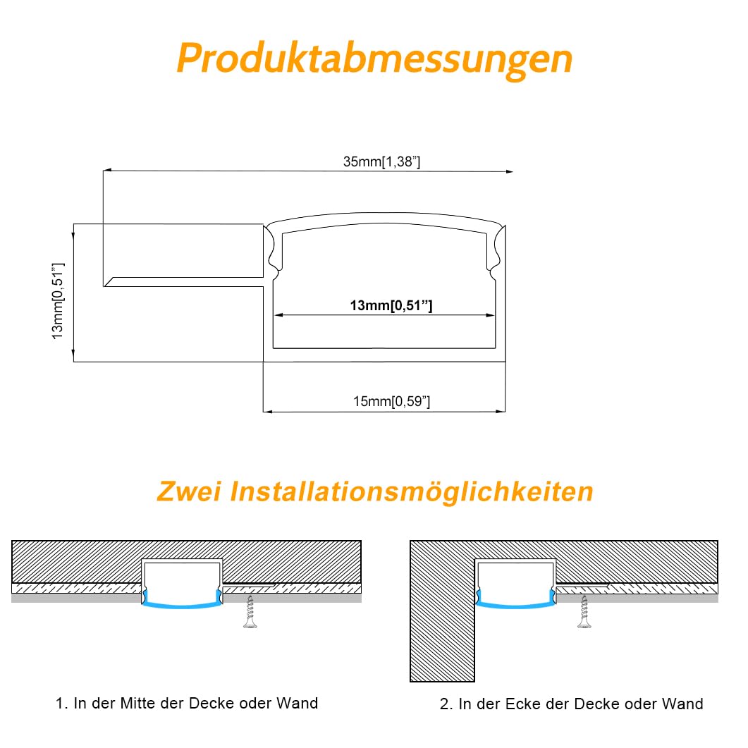 LEDLightsWorld Putzbares Aluminium LED Profil für 13mm LED Streifen, 10er Set 3,3 ft/1 m mit Milchiger Abdeckung, Einbau Trockenbauprofil für Wand und Decke