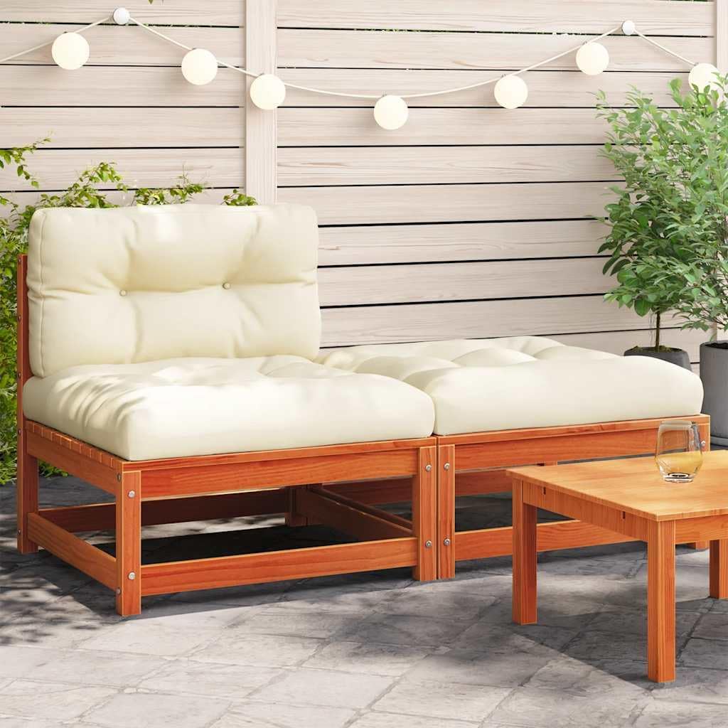 Outdoor Sofa for Small Patio, 55.1" Rustic Pine Wood Loveseat Couch with Cushion, Modular Balcony Loveseat, 485 lbs, Wax Brown & Cream for Garden, Deck, Apartment