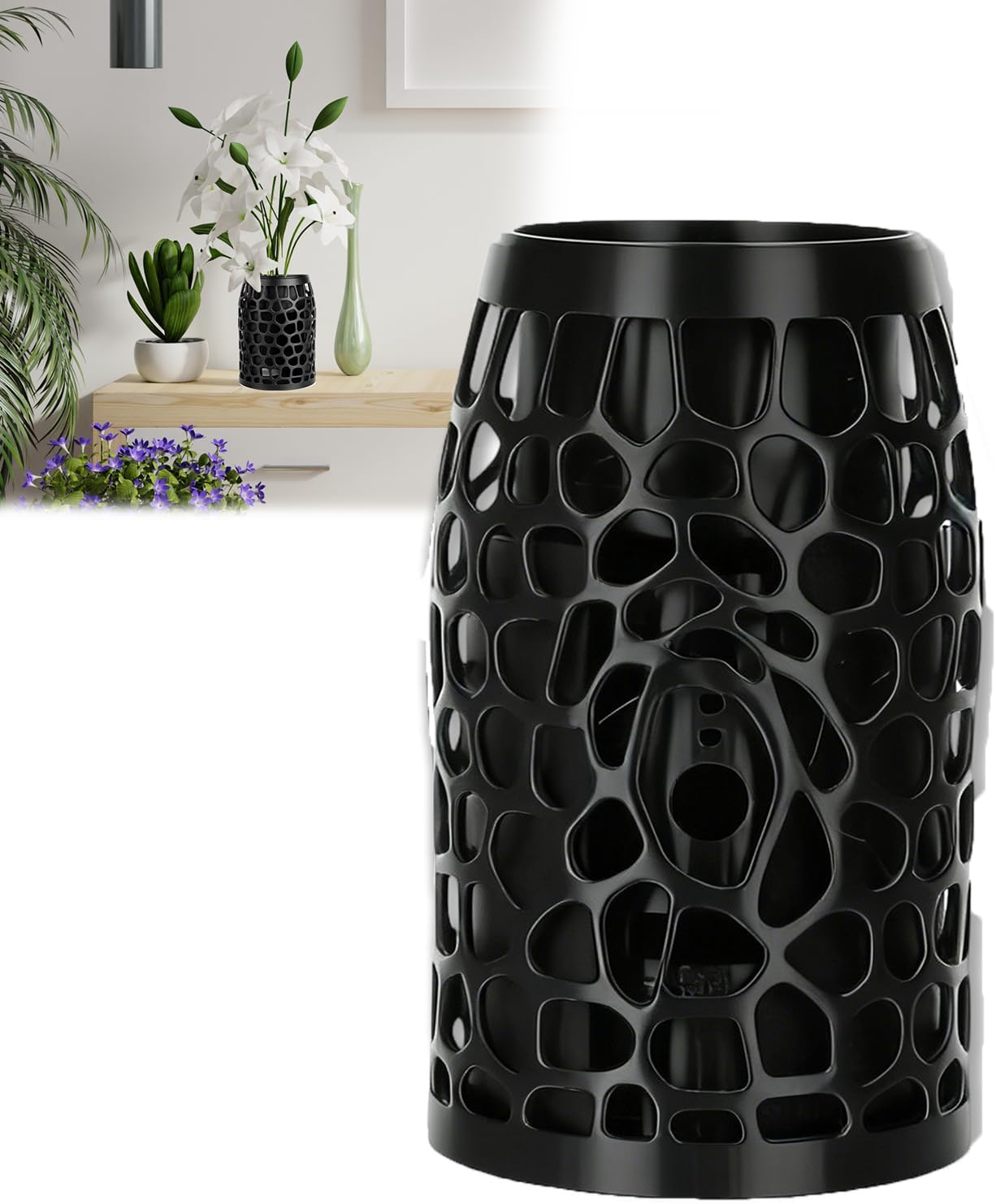 Compatible with Ring Indoor Cam (2nd Gen) Camera Disguise Vase | Hidden Security Camera Cover with Fake Plant Space | Discreet Cable Opening & Openwork Front (Black)
