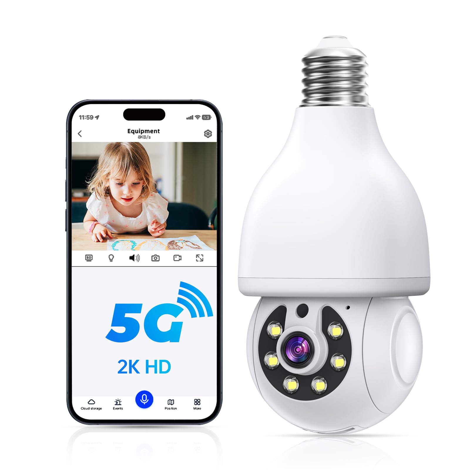 WESECUU 5G Home Network Light Bulb Outdoor Camera 2K Lightbulb Cameras Wireless Outdoor, Full Color Night Vision Two Way Mic