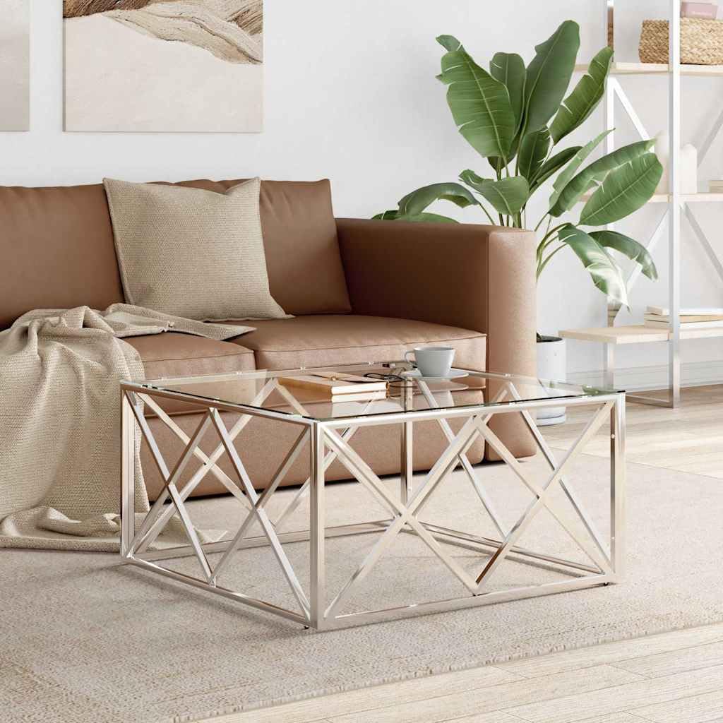 Tavolino da salotto, 80 x 80 x 40 cm, in acciaio inox e vetro