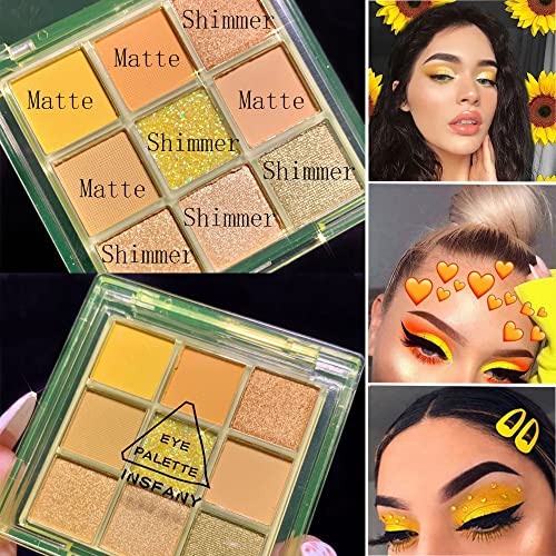 Yeweian Glitter Matte Eyeshadow Palette, 9 Colors Shimmer Yellow Colorful Eyeshadow Makeup Palette, High Pigmented Lasting Waterproof Brown Eyeshadow Palette For Girl Women #TOP1