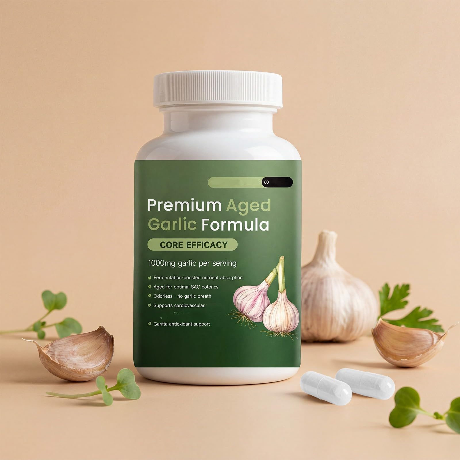 Formuła Premium AgedGarlic (60 szt.) | Czosnek czarny premium dojrzały - Bezzapachowy czosnek 1000 mg na porcję - Serce i krążenie, Bez GMO, Bez glutenu