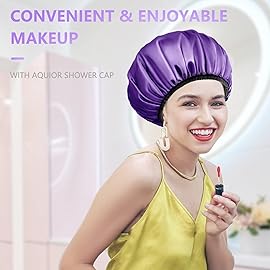 Aquior Shower Cap,Extra Large Triple Layer Bathing Cap with Dry Hair Function for Women Microfiber Terry Cloth Silky Satin 100% Waterproof Reusable Long Hair Bath Caps (Purple)