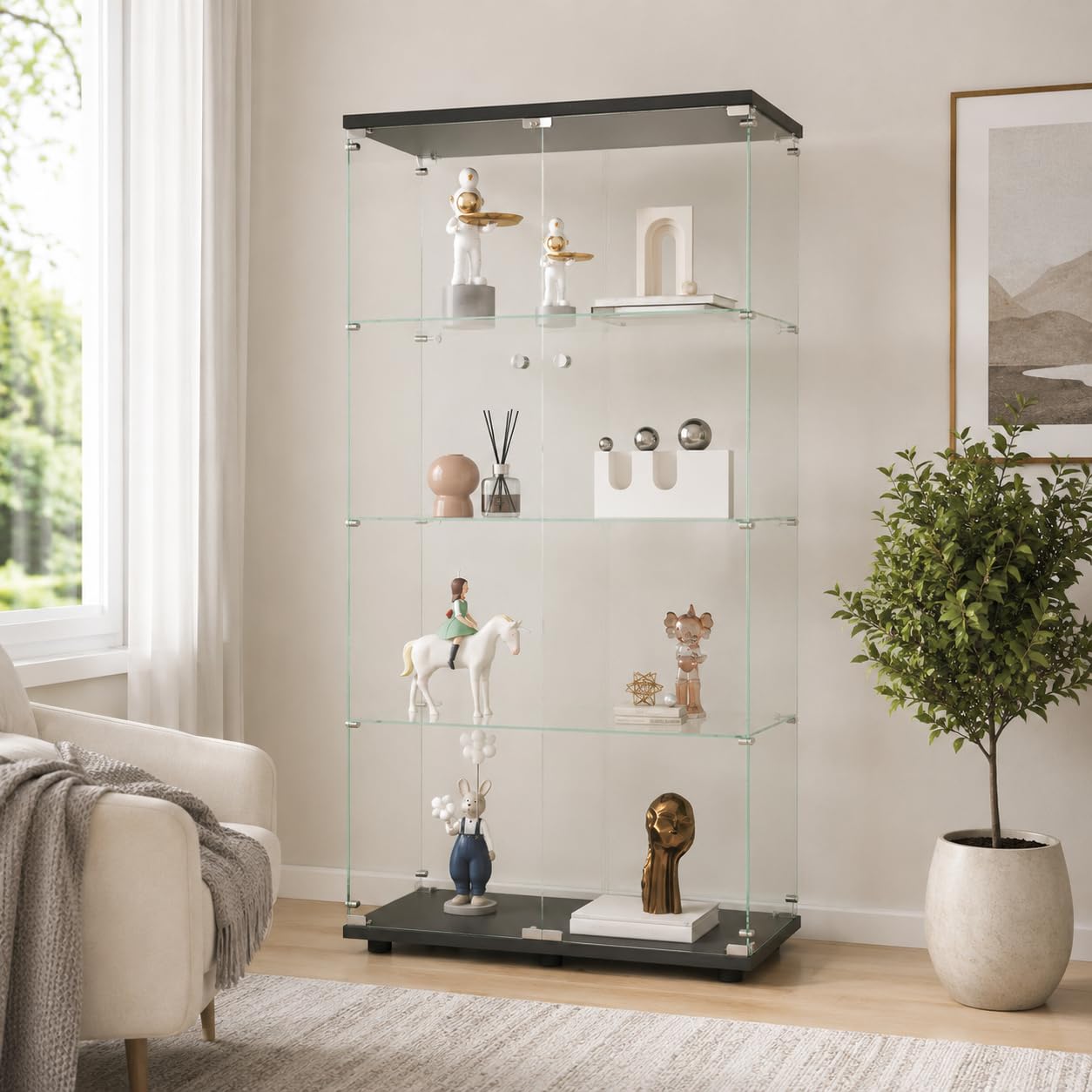 Vitrina de cristal con 4 estantes con puertas dobles, vidrio templado, armario Curio con cerradura, vitrina de colección, estantería de pie para sala de estar o dormitorio (negro sin luz)