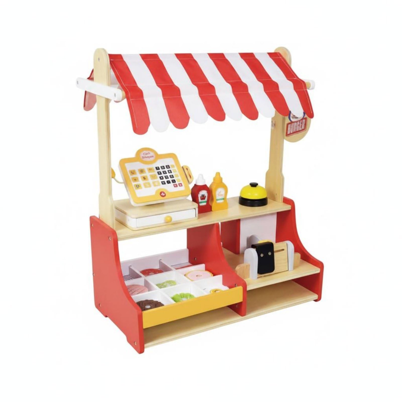 Kinder Burgerstand Holz Spielzeug Imbissstand Verkaufsstand Marktstand mit Gestreiftem Dach Kassenfach Und Saucenteilen Fördert Teilen Sprache Und