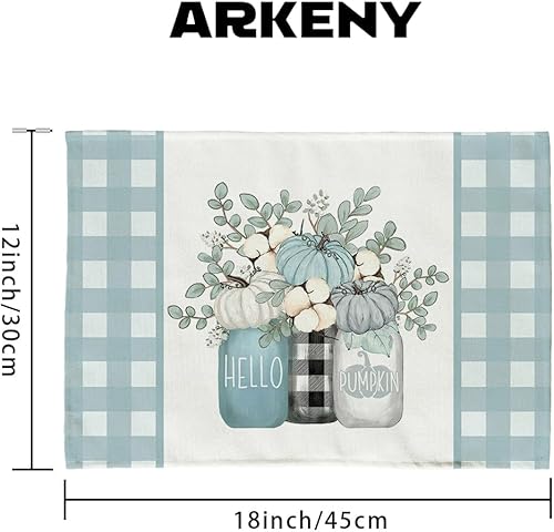 Miniatura 7 de ARKENY AP448-18 - Juego de 4 manteles individuales de algodón con texto en inglés Hello Pumpkin de otoño, 12 x 18 pulgadas, arpillera de temporada,