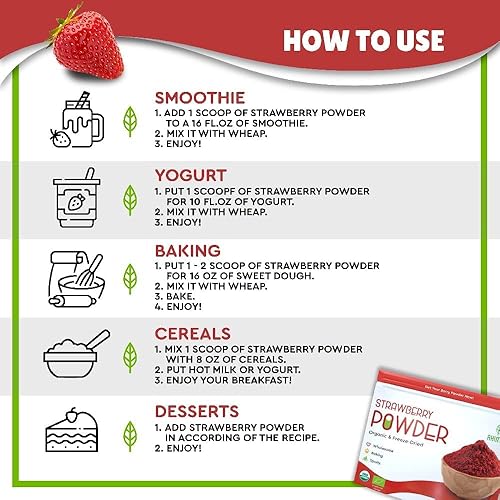 Miniatura 4 de Polvo de fresa liofilizado orgánico de 8 onzas | Certificado USDA | Alimentos vitamínicos veganos | Polvo de frutas orgánicas naturales