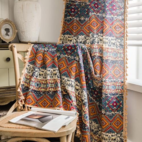VOGOL Geo Print Boho Curtains, Linen Textured Light Filtering Drapes for Living Room, Colorful Plaid Pattern Window Curtain Panels for Bedroom, 1 Piece, 52 x 63