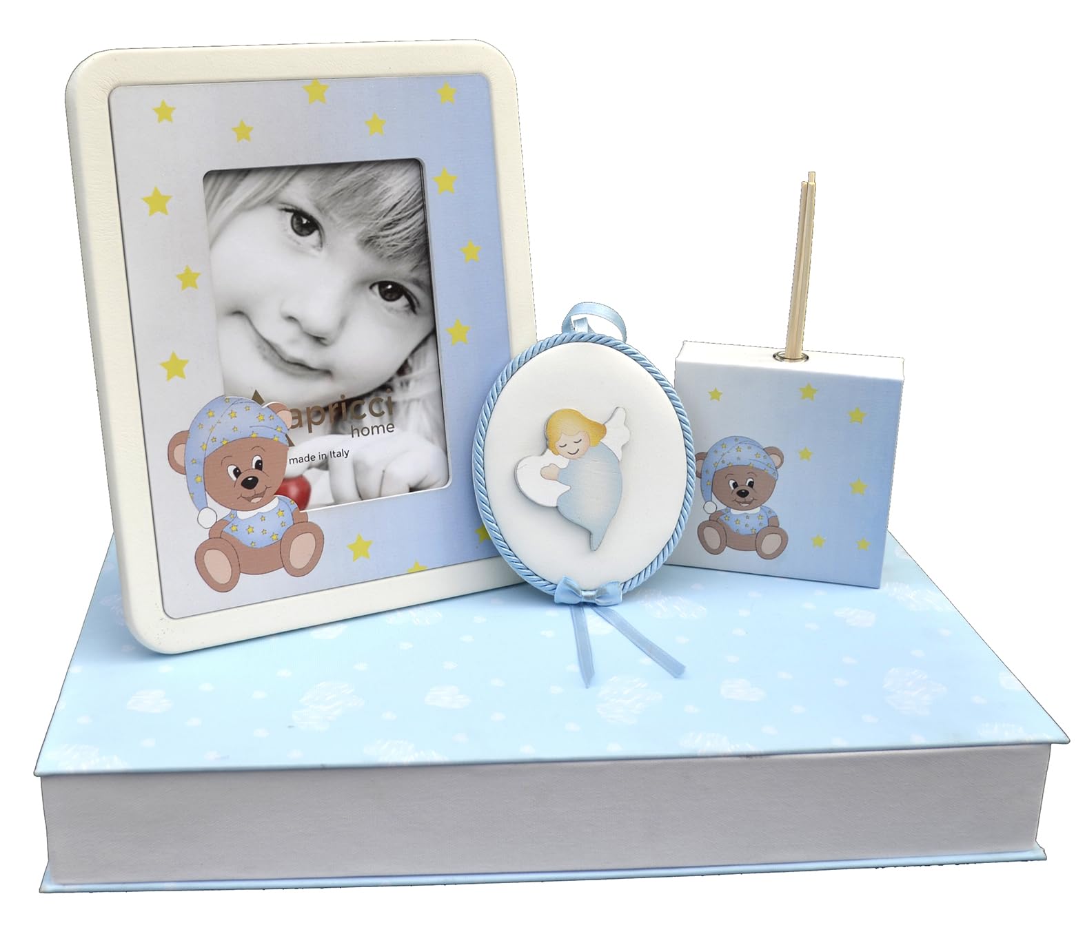 Benvenuto al Mondo: Set regalo tema Orso con Portafoto da tavolo Profumatore e Sopraculla Neonato nascita (Celeste)