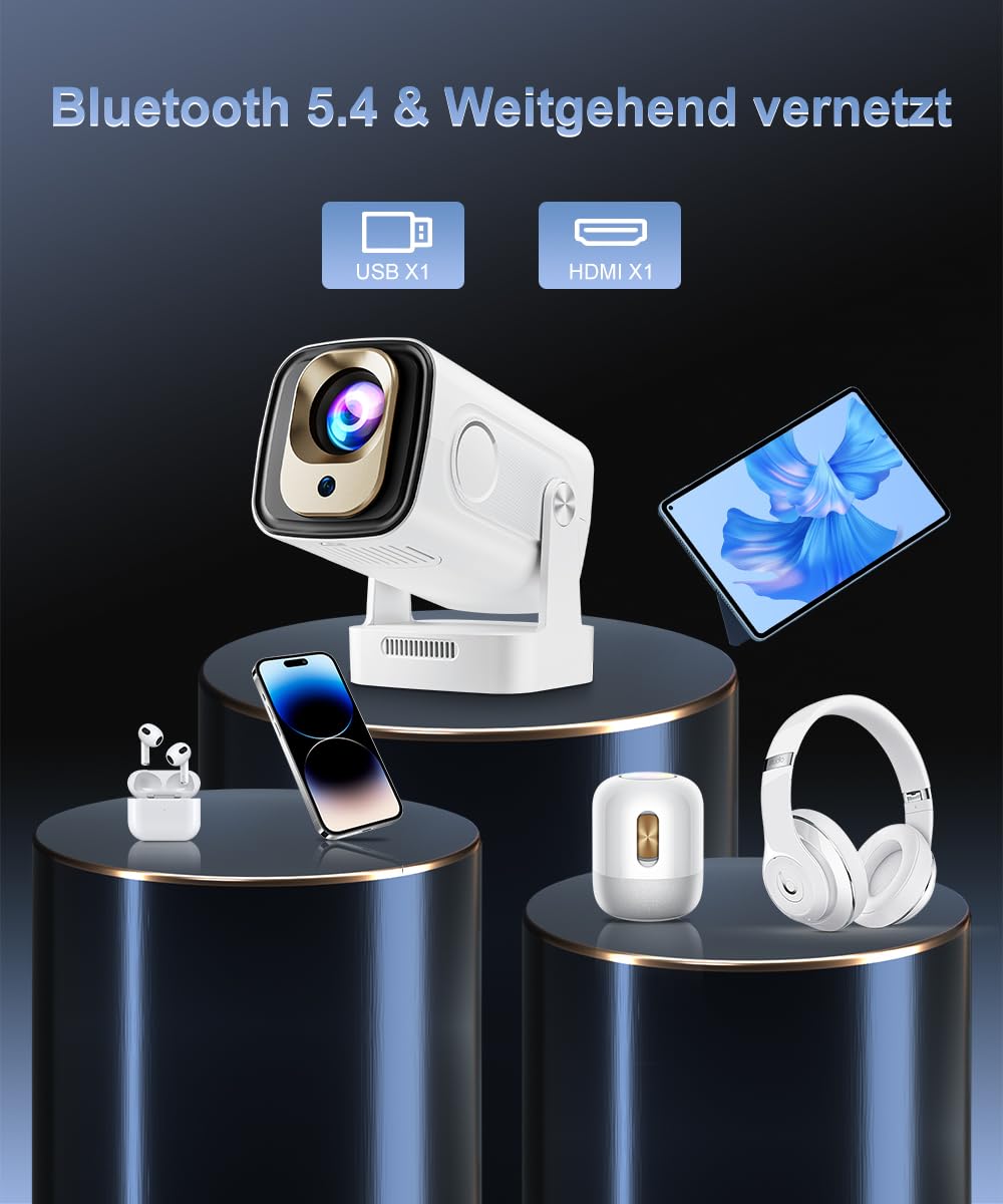 HY260pro 4K Smart Beamer,Mini proiettore con WiFi 6 Bluetooth 5.4 1080p Full HD proiettore portatile con Android 14.0,rotazione di 270°,Home Cinema Proyector per camera da letto all'aperto