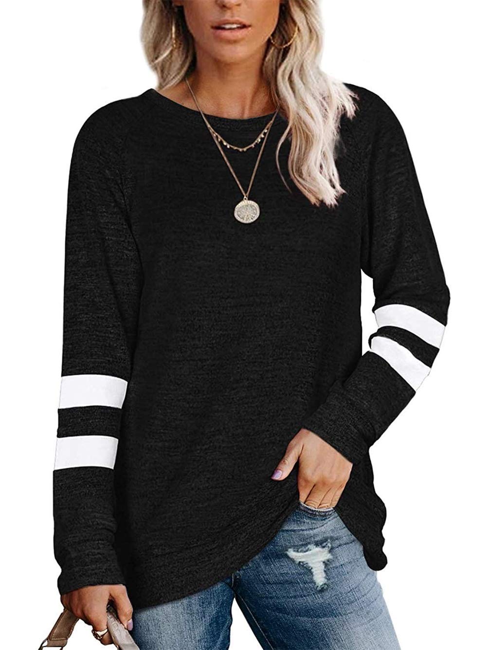 FamulilyWomen Comfy Striped Colour Block Soft Long Sleeve Tunics Tops Casual Sweatshirts S-XXL