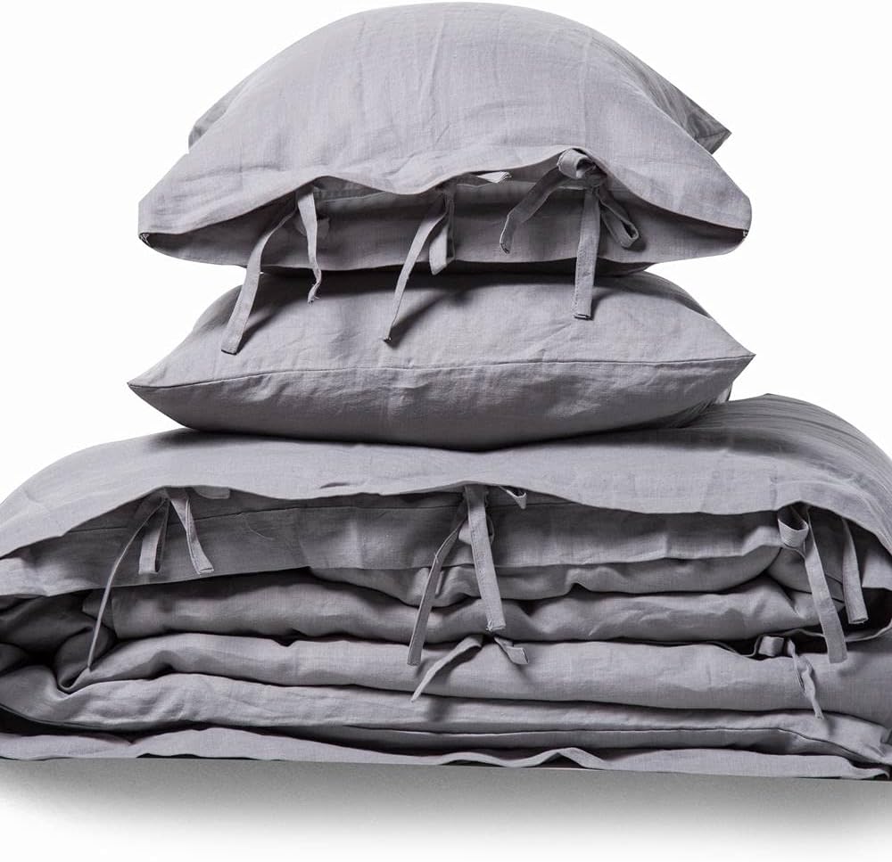 meadow park100% Pure French Linen Duvet Cover Set, King, Vintage Stone Washed Softened, Ties Duvet Cover with Two Pillow Shams,Grey