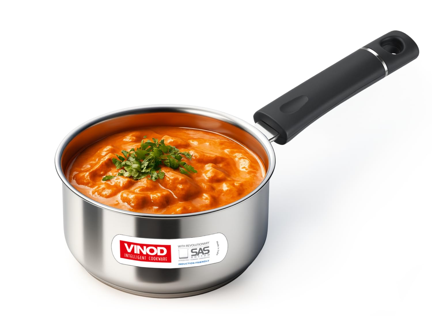 Vinod Tivoli Heavy Guage Stainless Steel Saucepan - 1.5 Litre (16cm) | SAS Bottom | 2 Layer Extra Thick Aluminum Core | Induction and Gas Base | Bakelite Handle