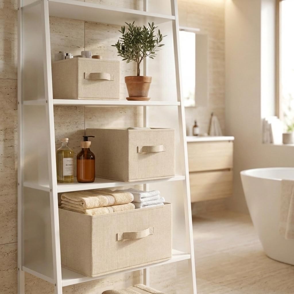 Aufbewahrungsbox Stoff 3er Set XXL – Organizer mit Griffen – Baumwolle & Leinen – Aufbewahrungskorb – faltbar für stilvolle Ordnung im Zuhause – Beige