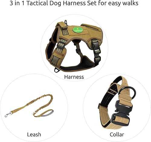 Miniatura 2 de MokaPaw Arnés táctico para perro con collar y correa (paquete 3 en 1), arnés de chaleco ajustable y reflectante sin tirones, collar de perro de