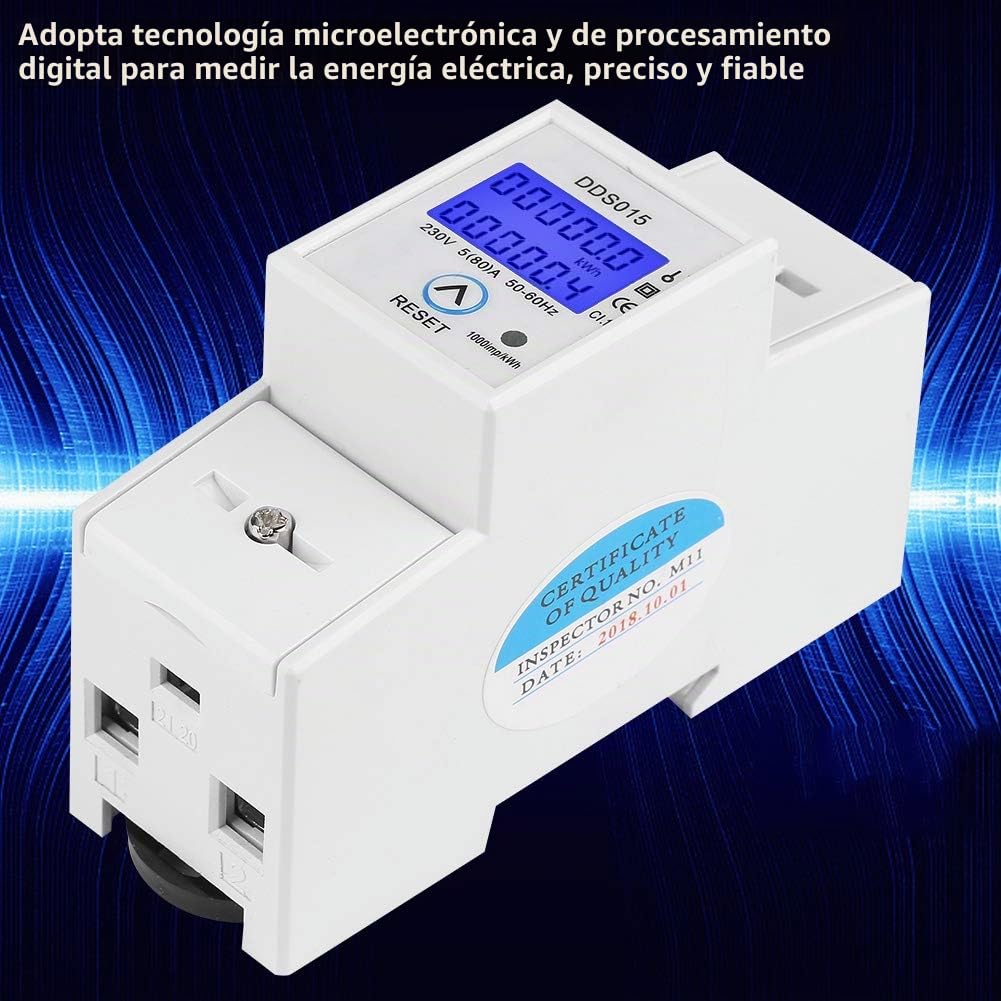 Jadeshay Contador Electrico Monofásico DDS015 Medidor de Consumo Electrico 5-80A 230V 50Hz con Pantalla LCD Retroiluminada Reiniciable Montaje en Carril DIN