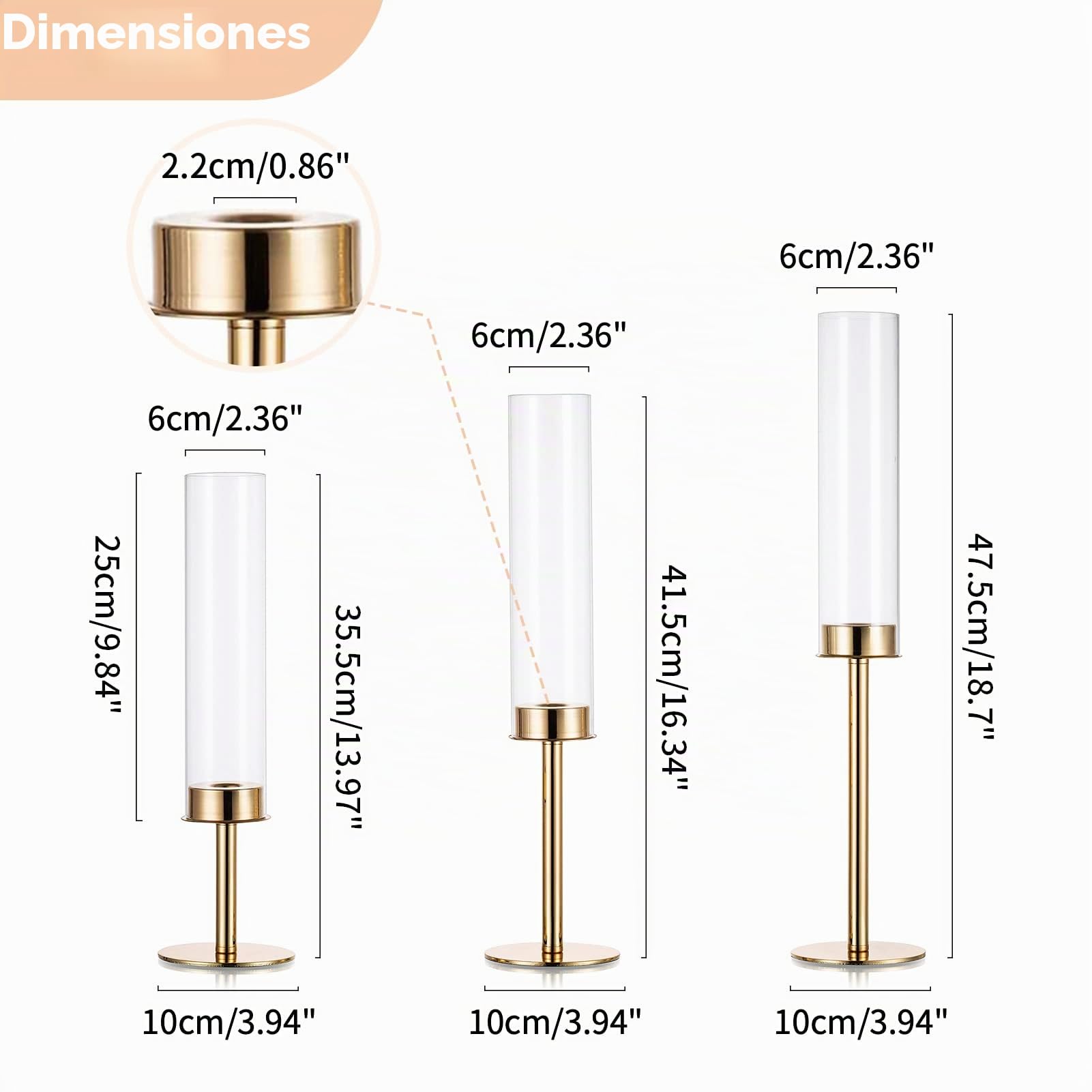 Nuptio Portavelas de Cristal: 6 Piezas de Metal Candelabro de Oro Candelabros, Vela Taper Palo Alto Cilindro Sin Fondo Portavelas de Boda Fiesta de Mesa Centro De Mesa Decoración de Comedor