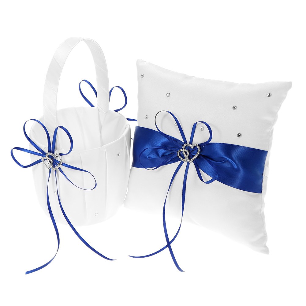 5-teiliges Set Hochzeitszubehör Doppelherz-Satin-Blumenmädchenkorb + 7 * 7 Zoll Ringträgerkissen + Gästebuch + Stifthalter + Brautstrumpfband-Set Weißes (Blau)