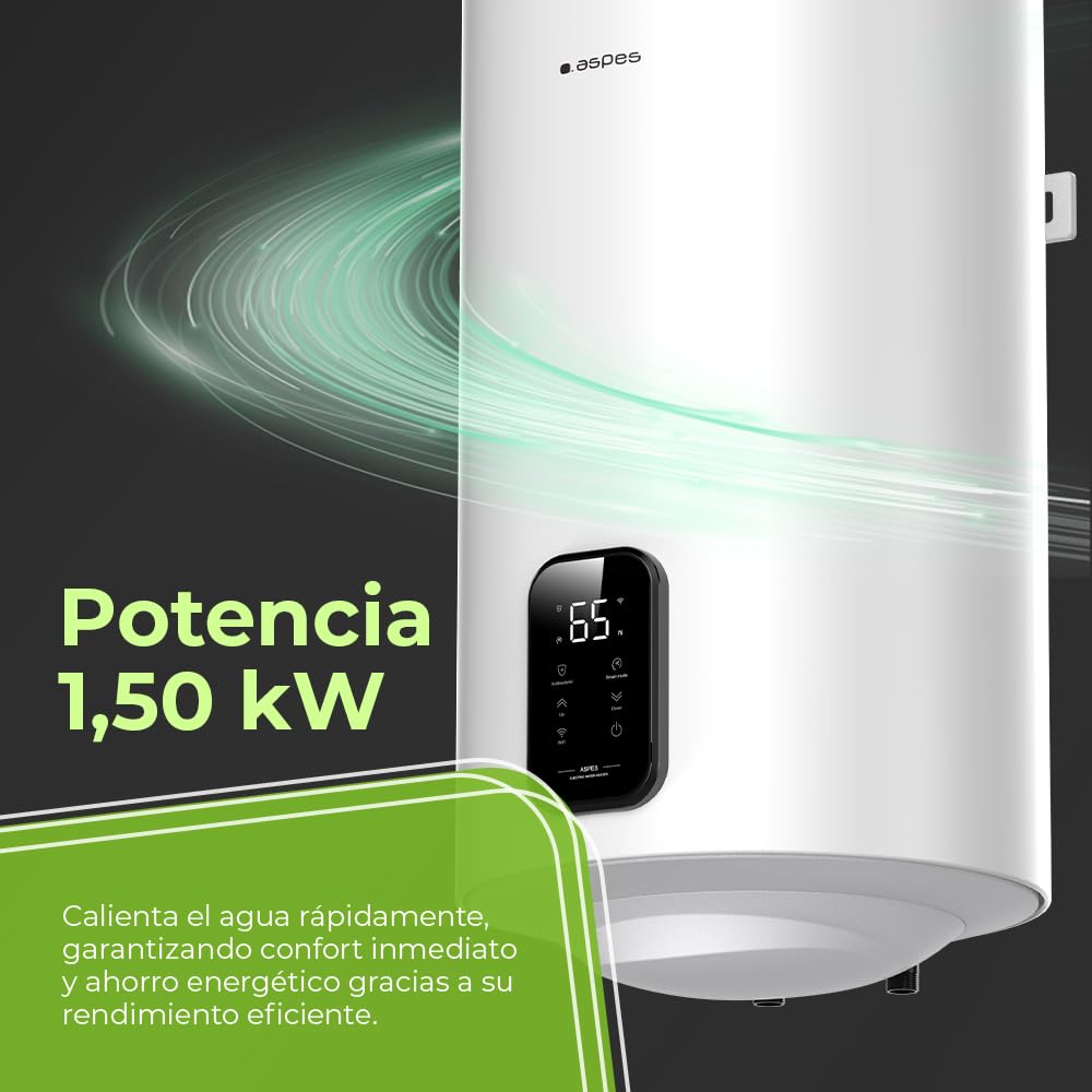 Aspes Termo Eléctrico 50 Litros, AT5000SDW. 1500W, Kit de Montaje Incluido, Resistencia de Acero Esmaltado, Termostato Digital, Temperatura Máx 93 º, Blanco, Eficiencia Energética B
