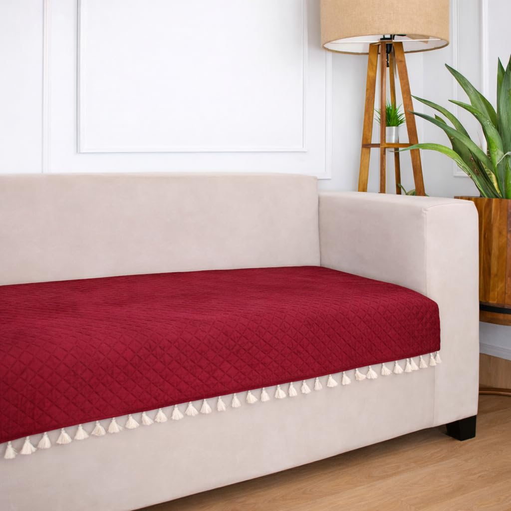 Brick Home 1 Seater Quilted Velvet Sofa Cover Protector with Tassel (Maroon)