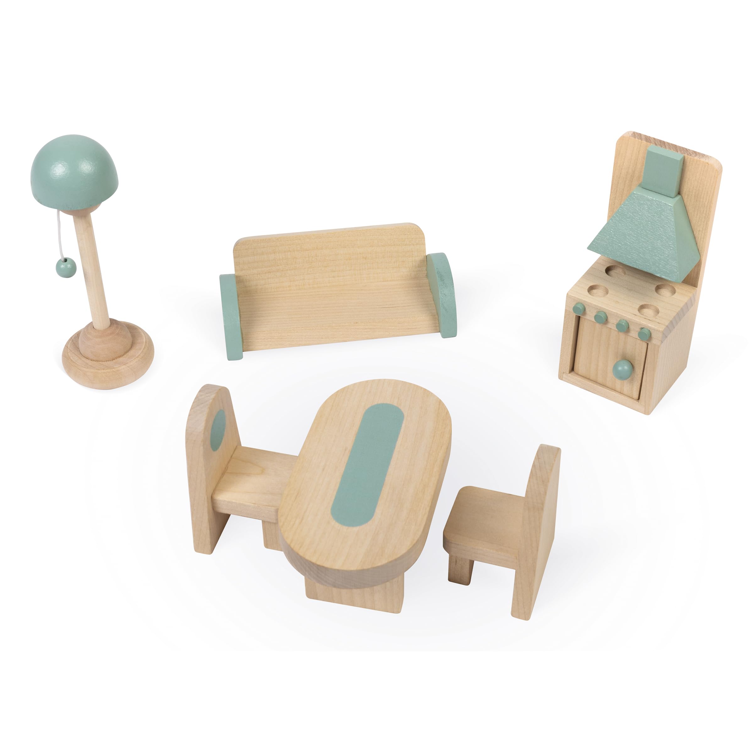 Janod - La mia Prima casa delle Bambole in Legno - 10 Accessori - Mobili per Bambole - Porte magnetiche e Tetto Rimovibile - Giocattolo in Legno FSC - dai 3 Anni
