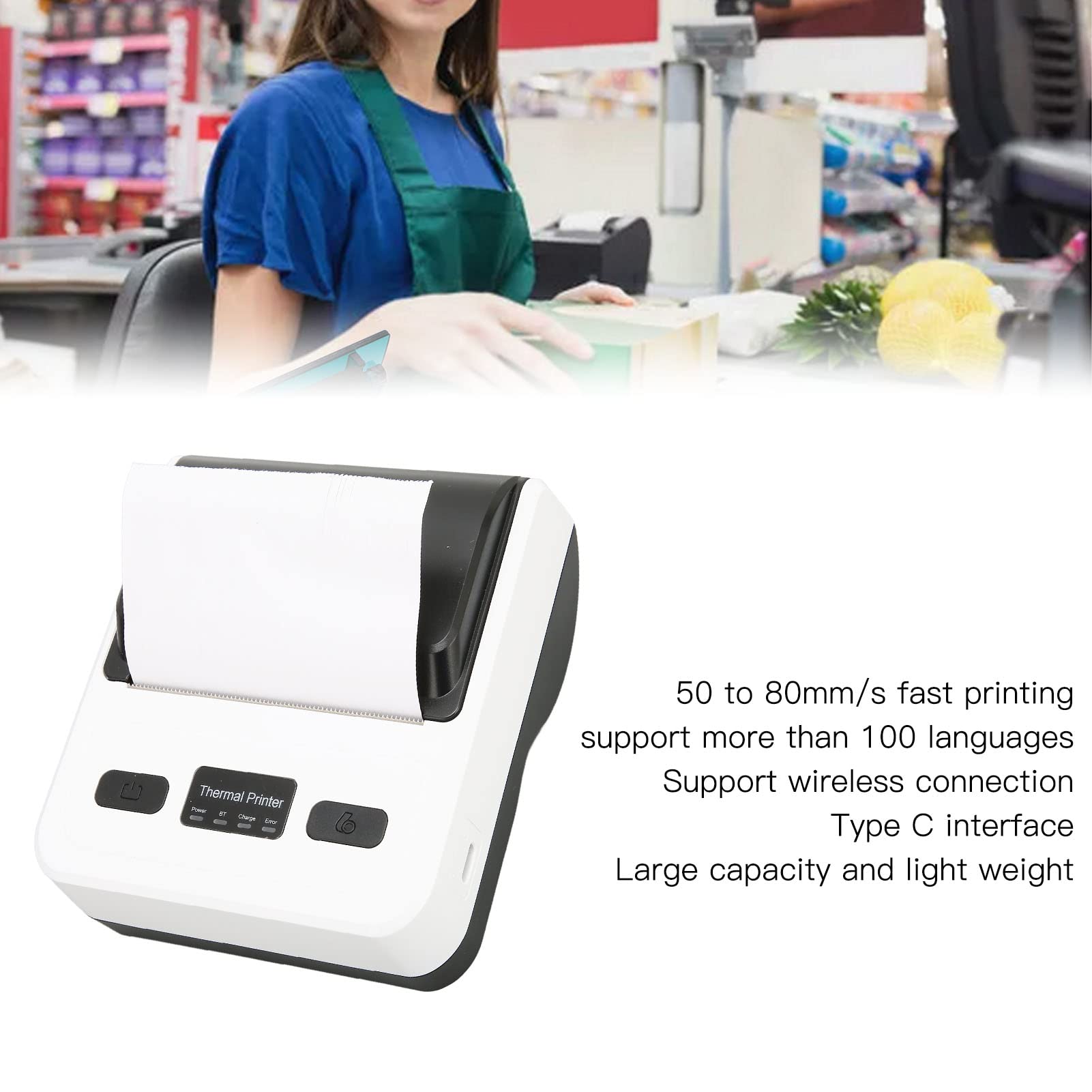 MTP-4B Thermo Etikettendrucker 80mm, Tragbarer Bluetooth Belegdrucker, 203 DPI, 50 Bis 80 Mm/s Hochgeschwindigkeits Ticketdrucker für Kleine Geschäftsrestaurants(Weiß)