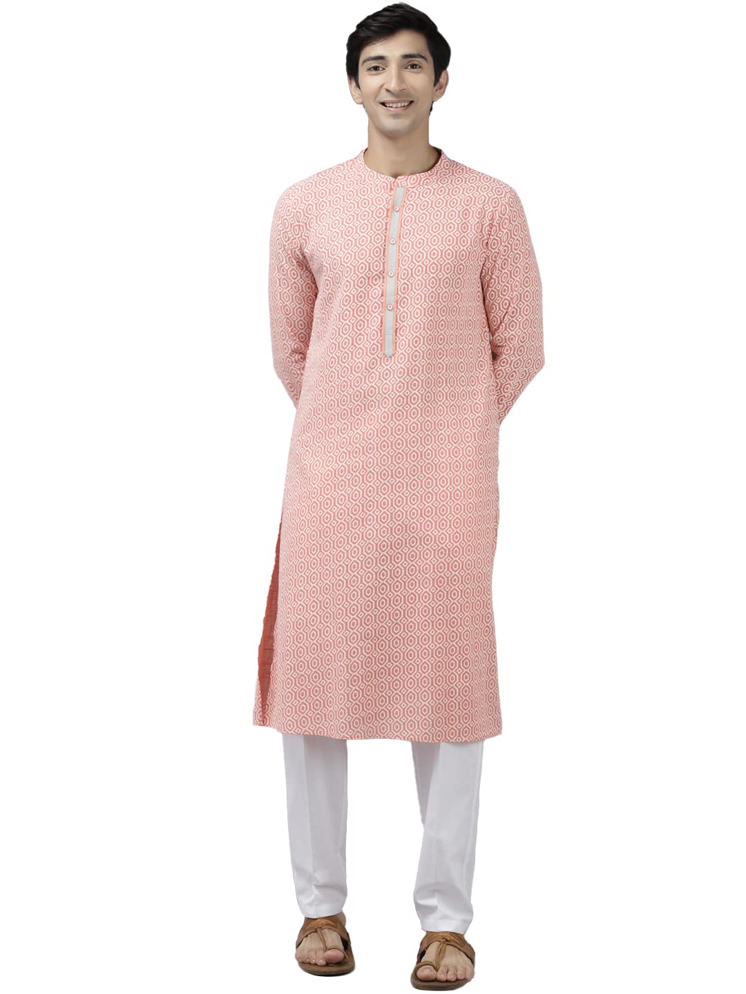 See Designs Men Peach-Coloured & White Printed Pure Cotton Straight Kurta With Pyjama - Sdkt103701S (S)