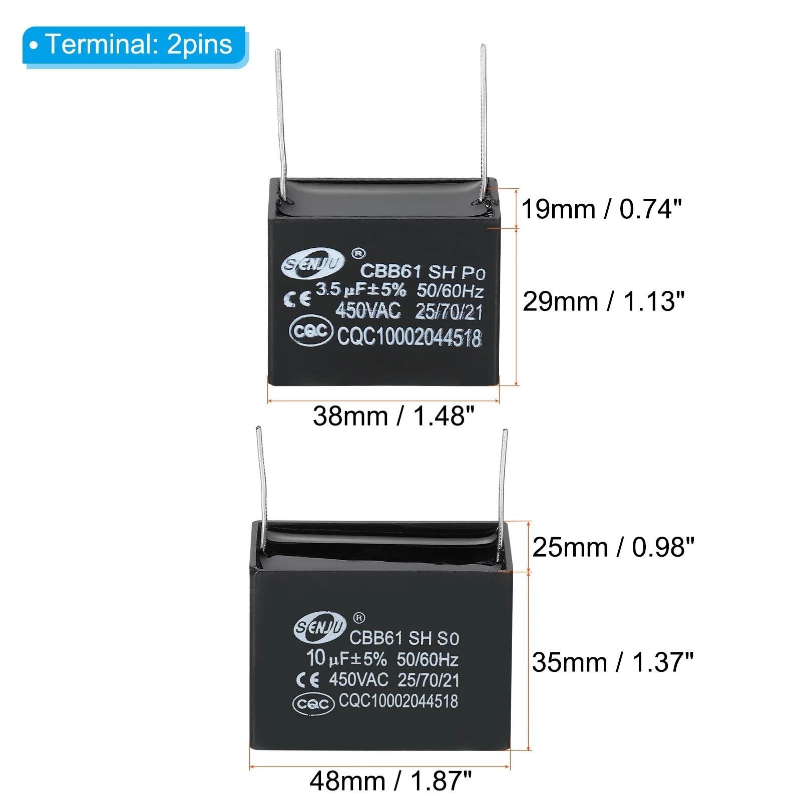 Condensador de ventilador de techo CBB61, 2/5 Uds., 1uF-28uF, 450V CA 50/60HZ con 2 pines for Motor de ventilador de aire acondicionado, condensadores de funcionamiento en estrella(2Pcs 10uF)