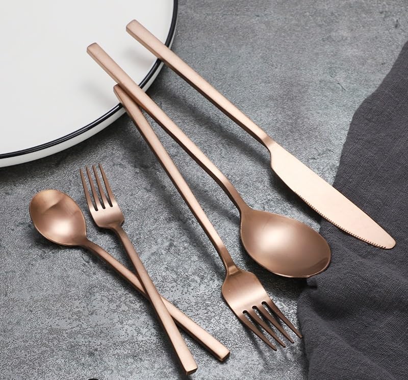 Ensemble de Couverts en Acier Inoxydable Mat – 4/16/24/32/40/48 pièces (Couteau, Fourchette et cuillère) avec Manches carrés, idéal pour Les Steaks, Finition Or Rose – 10 pièces