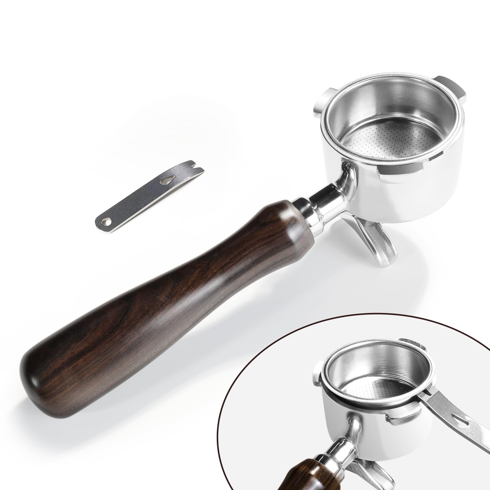 Siebträger 51mm Doppelauslauf für Delonghi Dedica EC680/ EC685, 3 ohren, mit Sieb Entfernungshilfe, Holzgriff, 2 Tassen Edelstahl Filterkorb
