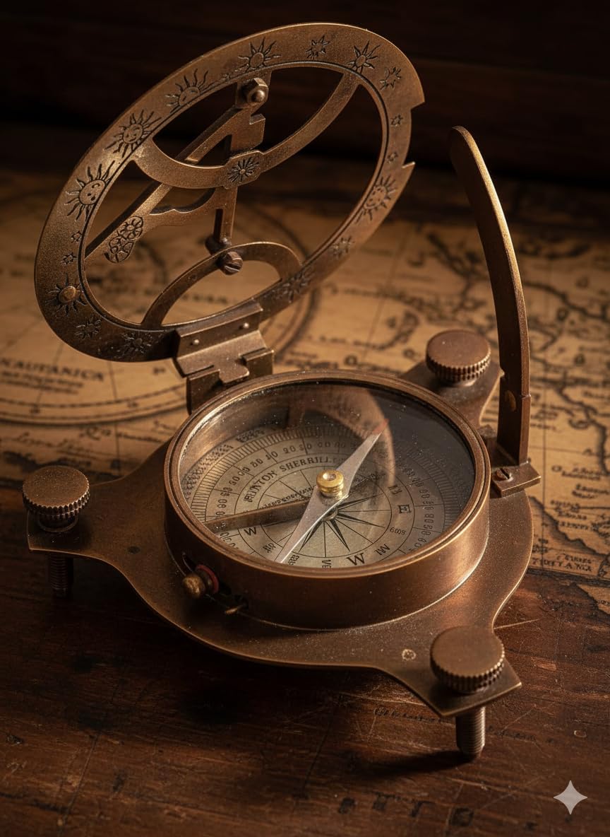 Reloj de sol antiguo réplica de brújula de latón macizo con caja de madera