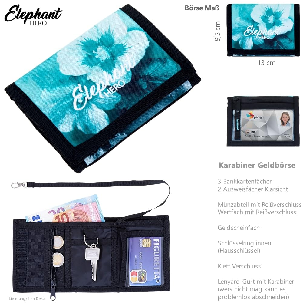 Elephant Geldbörse Kinder Portemonnaie Hero Signature Wallet Schlüsselkette Börse Mädchen Jungen Ausweishülle Geldbeutel Schülerbörse Purse (Flower Türkis Schwarz Verlauf 12801)