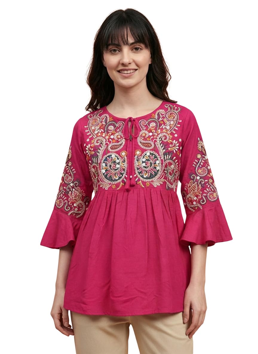 winza designer Embroidered Bell Sleeve Rayon Tops for Women | Short Kurti Tunics Womens Party and Festive | Trendy Tops for Jeans | Stylish Western Tops for Girls | Plus Size 4XL,5XL (S to 6XL)-picture-46