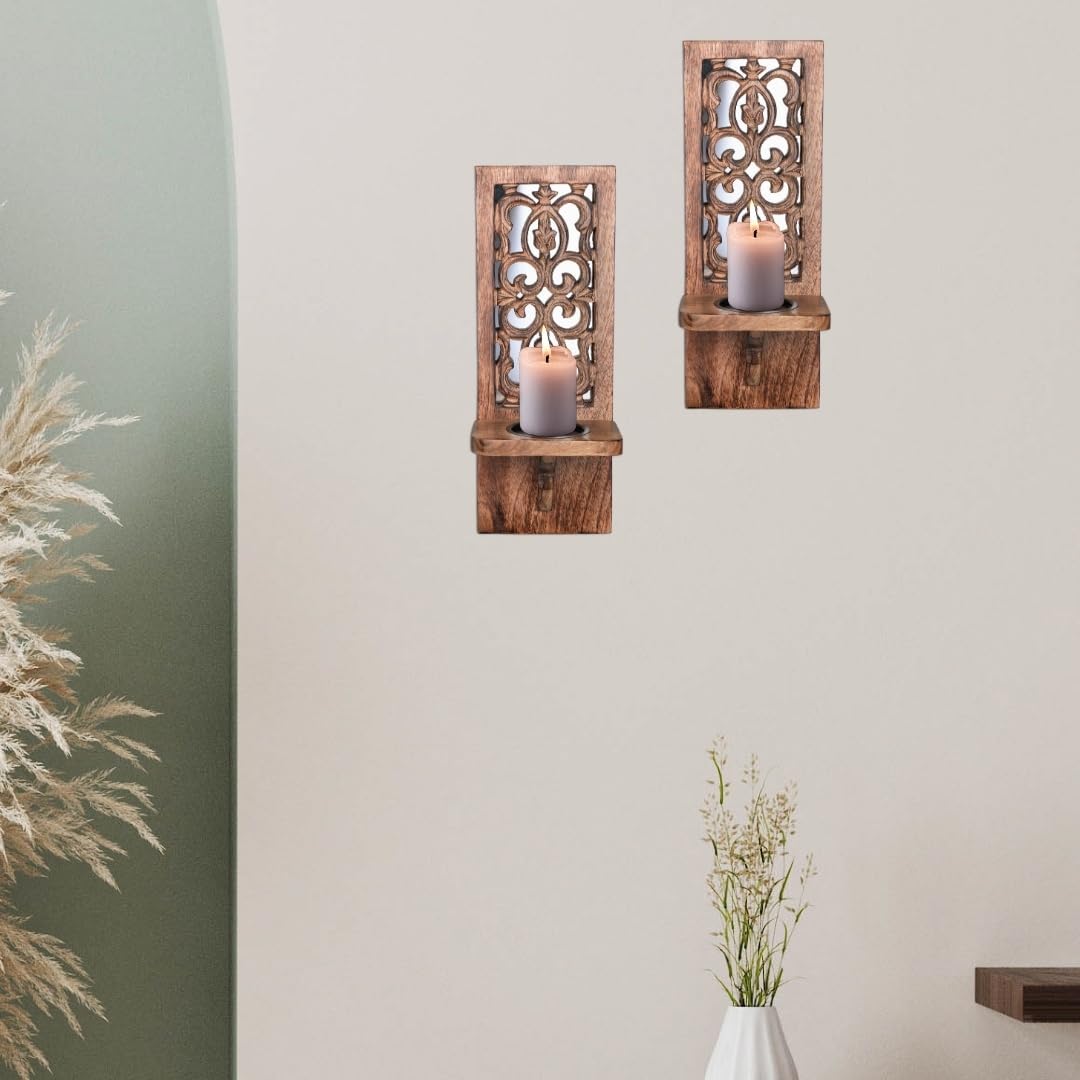 Decorative Wooden Wall Candle Sconces - Set of 2, 16 Inch Pillar Holders, Rustic Handcrafted Perfect for Christmas, New Year - Natural Burnt