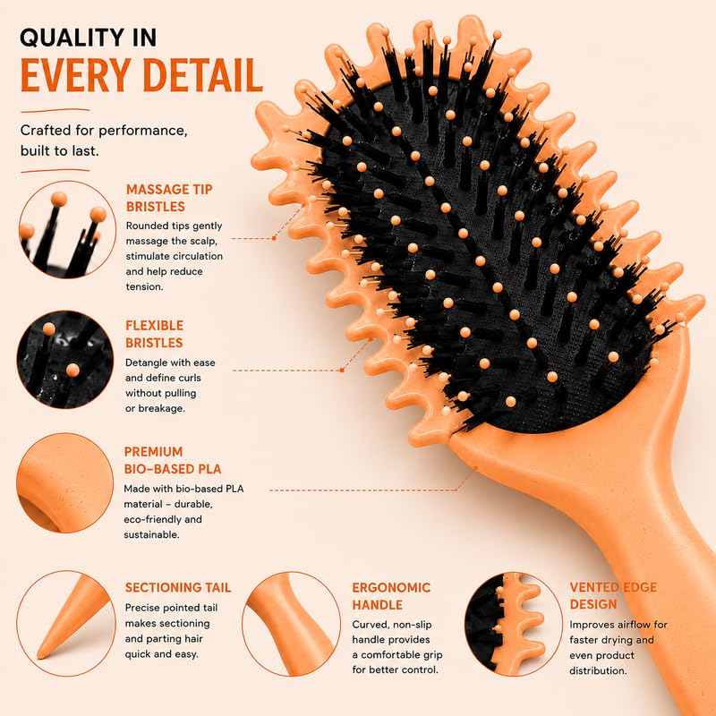 Image of Combelle 5-in-1 Curl Hair Brush | Vegan Boar Bristles | Bio-Based PLA Handle | Detangling, Defining & Frizz Control for Curly & Wavy Hair | For Men & Women - Peach Orange (Pack of 3)