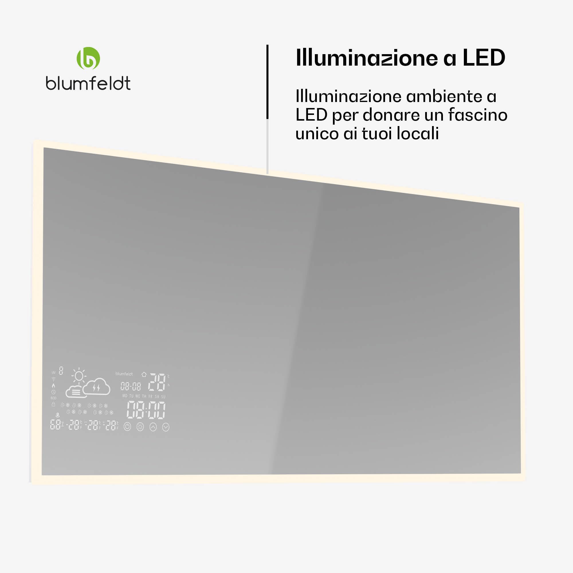 Blumfeldt - Pannello Radiante a Infrarossi, 600W – Specchio Smart, Controllo App & Telecomando, IP44, LED, Blocco per Bambini, Riscaldamento di 12-15m², Montaggio a Parete, WiFi, Bagno