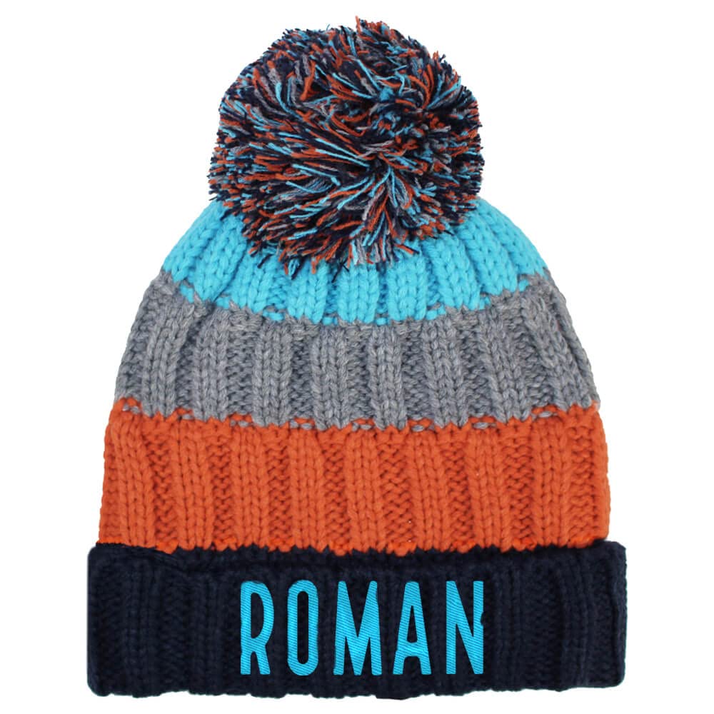 Teddyt's Boys Orange, Grey, Blue Stripe Personalised Striped Chunky Knitted Bobble Hat With Pom Pom (Orange, Grey, Blue Stripe)