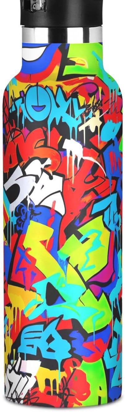 Botella de agua para niños con popote para la escuela, botella de agua de acero inoxidable para viajes o escuela, 20 onzas, sin BPA, vibrante arte