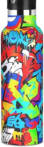 Botella de agua para niños con popote para la escuela, botella de agua de acero inoxidable para viajes o escuela, 20 onzas, sin BPA, vibrante arte