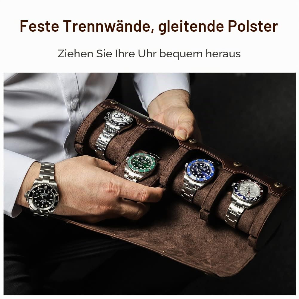Uhrenrollenetui Handgefertigte Uhrenrolle, Uhrenkoffer Uhrenbox aus Echtem Leder für 4 Uhren Reiseetui, Watch Box Organizer Uhrenetui, Braun