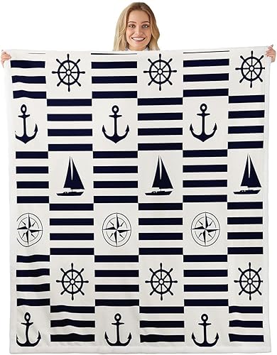 Miniatura 19 de Anchor Throw Flannel Blanket,Nautical Rope Anchor Navigation Fleece Throw Blanket for Home Decor Sofa Couch,Ocean Adventure Theme Navy Blue Fleece