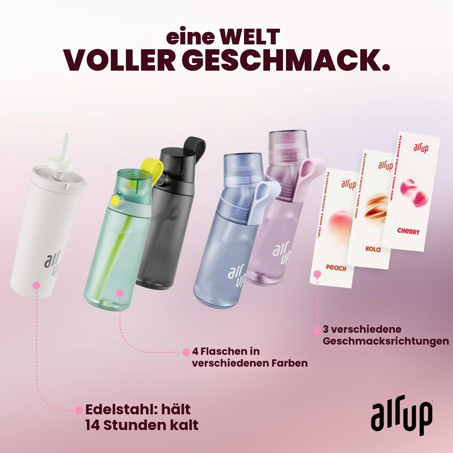 air up Original Trinkflasche Twist Pro Lavender Original Starterset mit Pods in 5 Geschmacksrichtungen + Strohhalmbürste | 600ml | spülmaschinengeeignet, BPA-frei