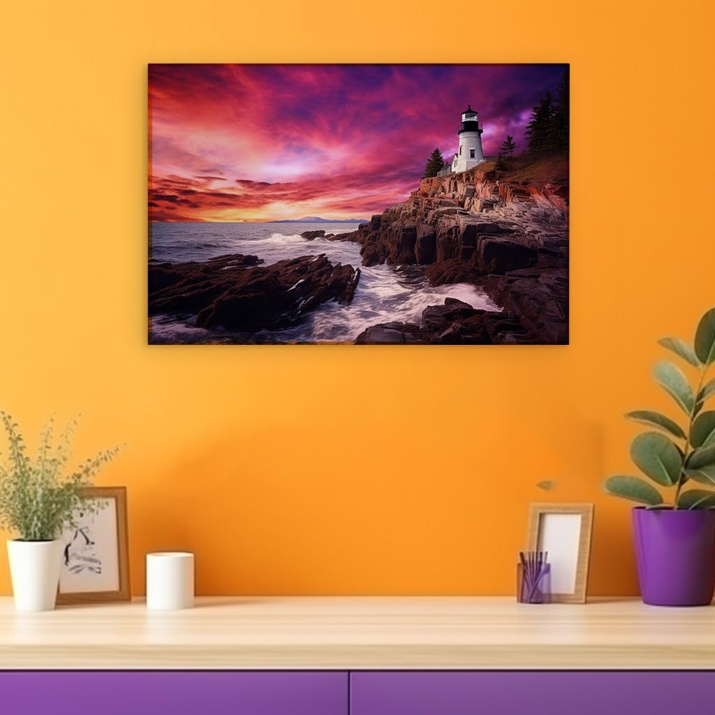 Canvas for Living room. Guiding Light Amidst Turbulent Seas - A Lonely Lighthouse Overlooks Sunset's Drama, 27 x 18 inch Canvas Wall Art - Contemporary Masterpieces - Modern Home Decor