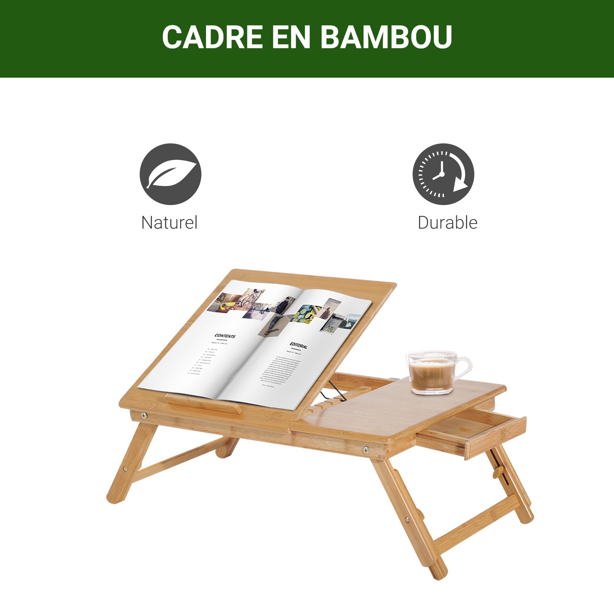 HOMCOM Table de lit, Plateau pour Ordinateur, Table d'appoint en Bois de Bambou, Plateau inclinable, Pliable et réglable en Hauteur avec tiroir, 55 x 35 x 22-32,5 cm, Naturel