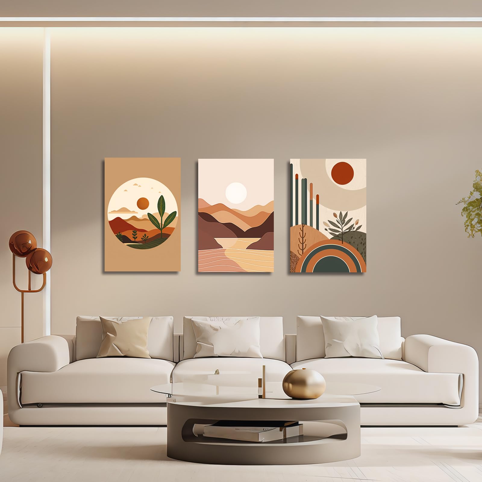 3 Pcs Framed Mid Century Modern Boho Sun Canvas Wall Art Neutral Abstract Minimalism Bohemian Mountains Plants Pictures Wall Decor Posters Prints Artwork For Bedroom Living Room Home Decoration
