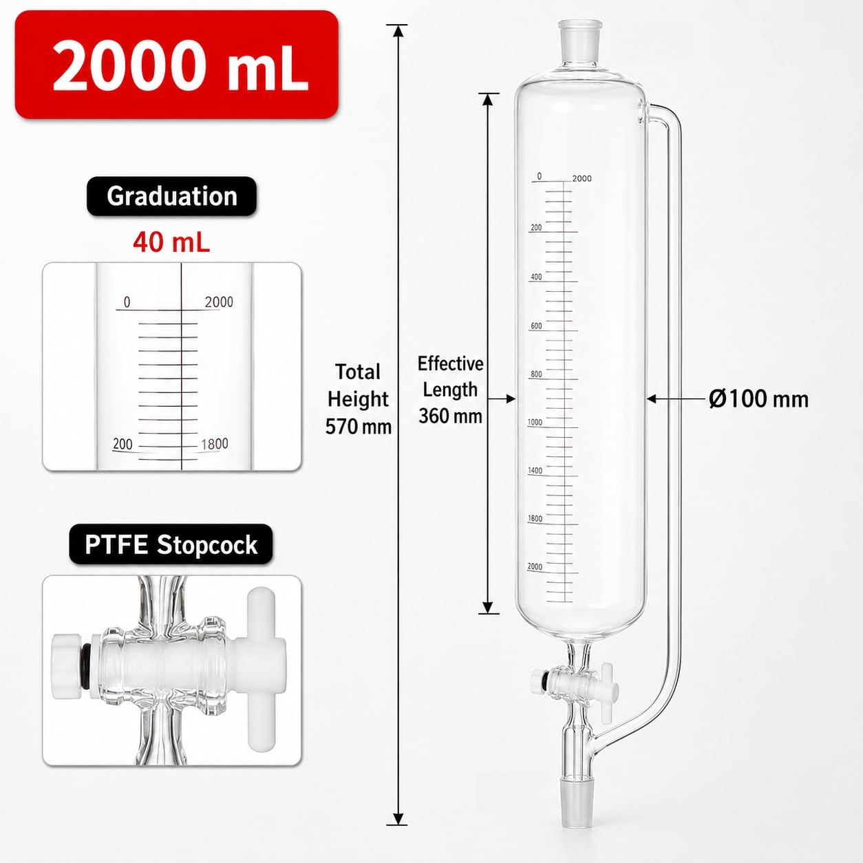 Embudo Goteo Graduado Igualación Presión Válvula PTFE Lab-2000mL 24/29#