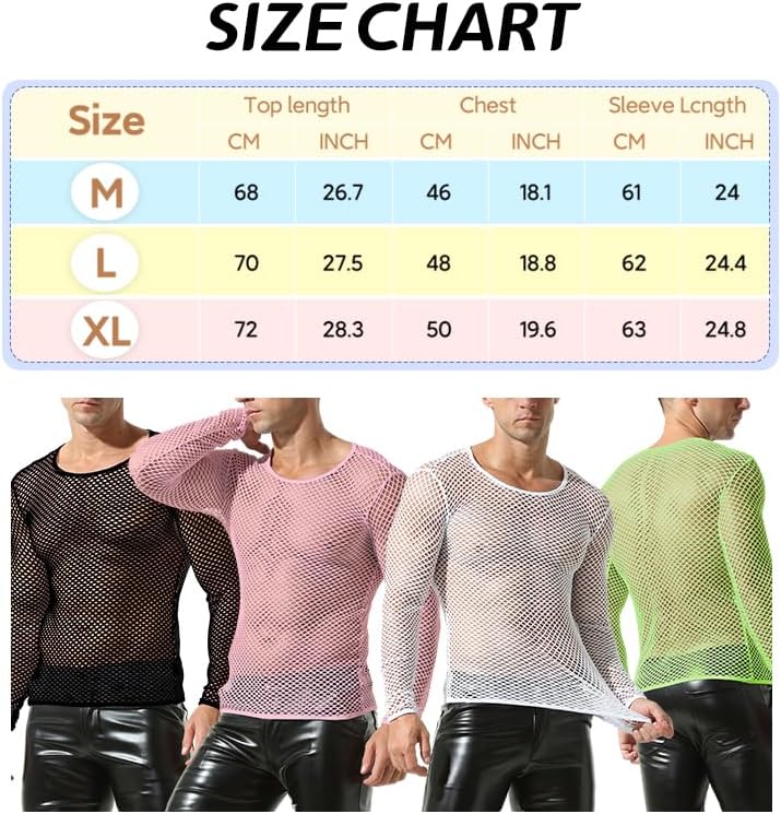 QiaTi Men's Fishnet Shirt Mens Fishnet Top Mesh Transparent Long Sleeve Muscle T-Shirt Net Undershirt Top for Men - Image 6