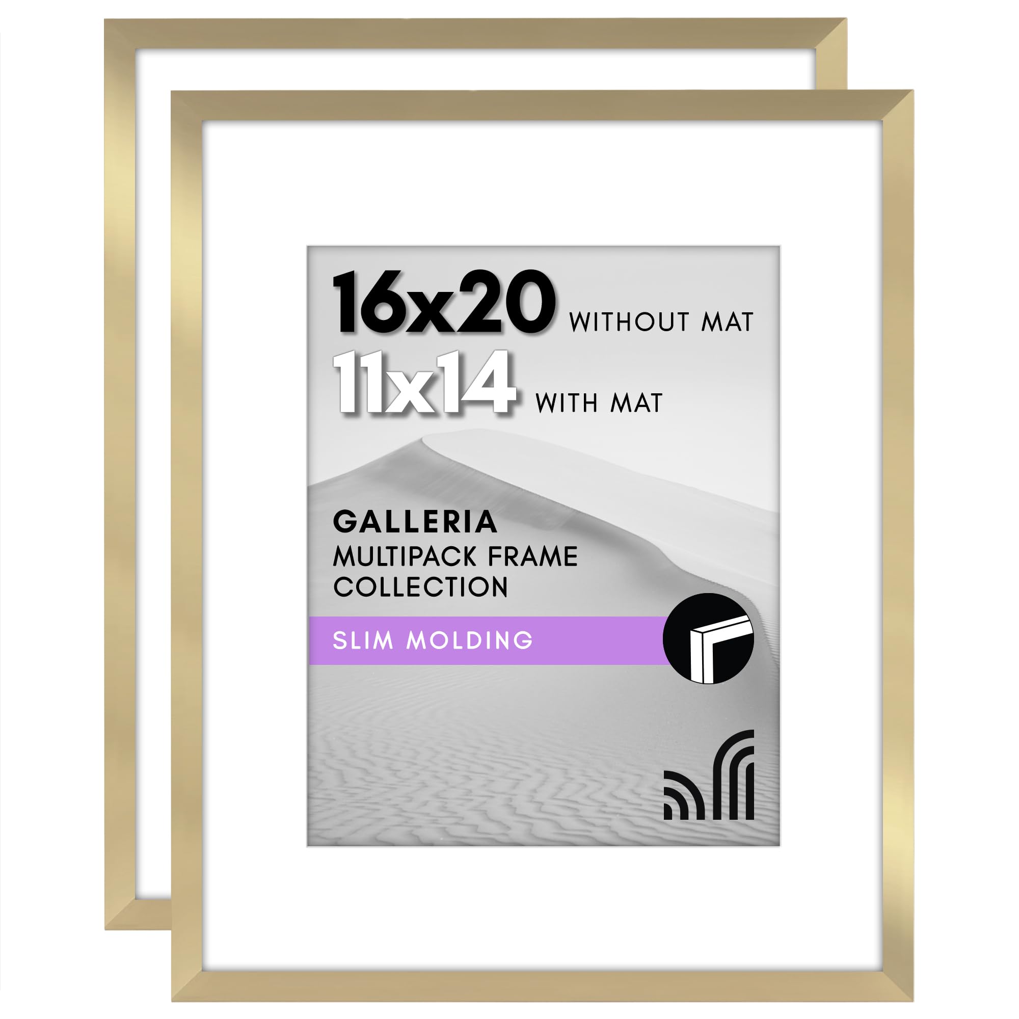 Americanflat 16x20 Picture Frame with Polished Plexiglass - Set of 2 - Use as 11x14 Frame with Mat or Display 16x20 Photo Without Mat - Galleria Collection - Picture Frames for Wall Display - Gold